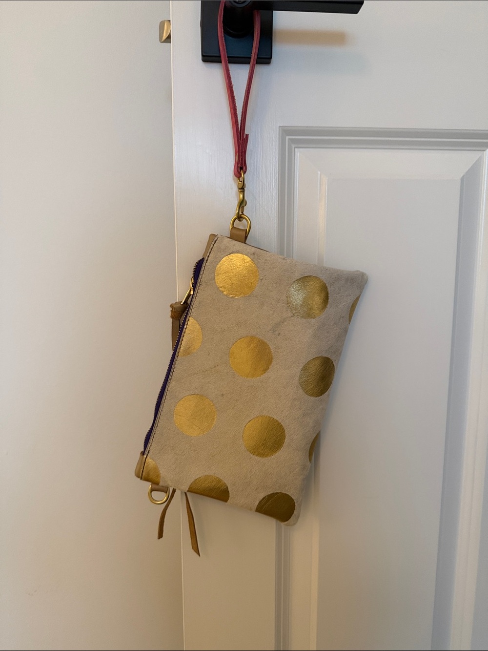 Beige Cowhide Clutch Wristlet with Gold Polka Dots and Removable Strap